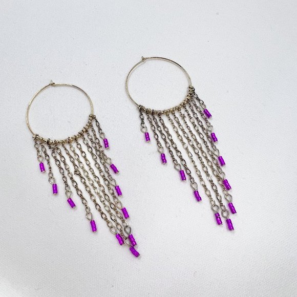 NWT - Haskell - Large Gold Tone Hoop Pink Beaded Chain Dangle Earrings - Picture 5 of 8